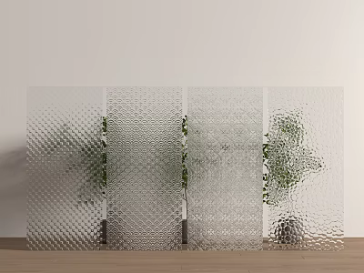 Transparent Glass Room Divider Screen With Embossed Diamond Pattern And Green Plants Behind 3d model