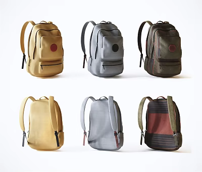 Multiple Stylish Backpacks in Various Colors with Round Logo and Different Styles 3d model