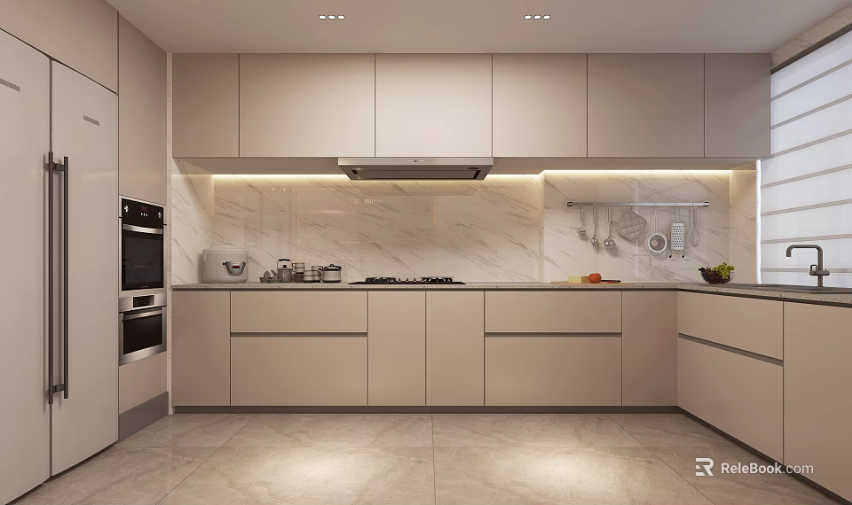 Modern Kitchen Interior Design With Light Cabinets Marble Backsplash And Appliances 3d model