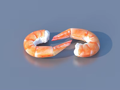 Two Cooked Orange And White Shrimp On Gray Background With Shadow And Reflection 3d model