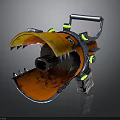 Mechanical Weapon With Orange Yellow Blades Sharp Edges Green Lights And Blue Handle