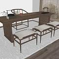Modern Wooden Tea Table And Padded Stools With Tea Sets Books And Natural Light