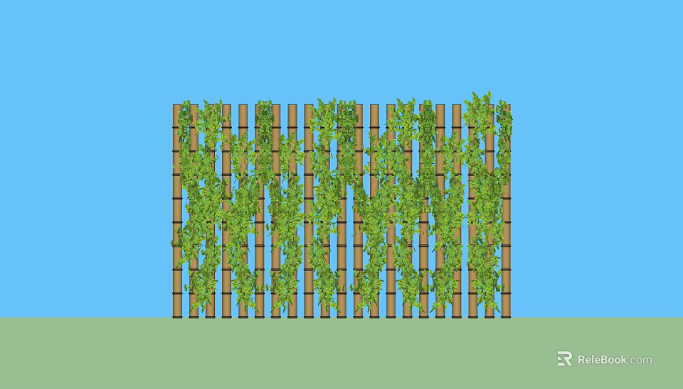 Decorative Wooden Garden Fence Covered With Lush Green Vines Against Clear Blue Sky 3d model 