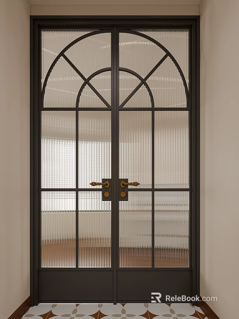 Elegant Double Doors With Black Frame Glass Panels Grid Design And Metal Handles 3d model 