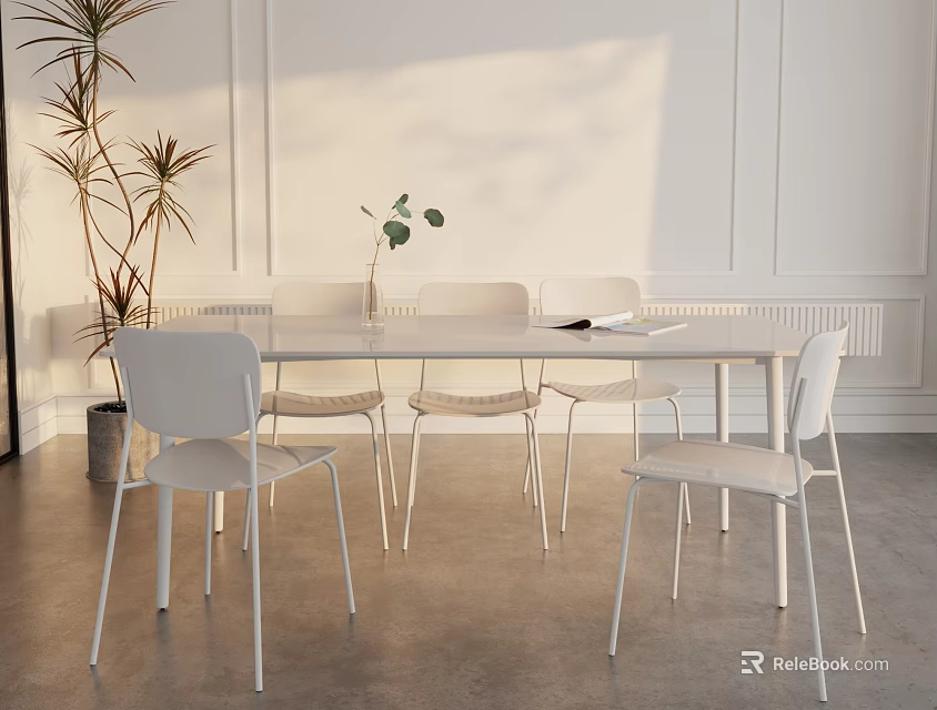 Modern Glass Tabletop Dining Set With Four White Chairs Sunlit White Walls And Plant 3d model 