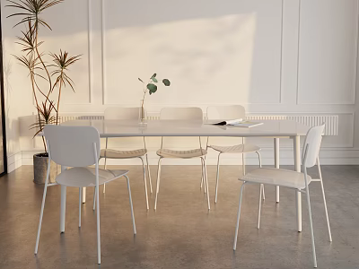 Modern Glass Tabletop Dining Set With Four White Chairs Sunlit White Walls And Plant 3d model