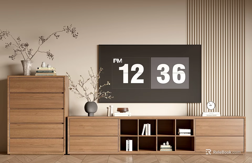 Modern Entryway Console Table And Side Cabinet With Wooden Design And Decorative Items 3d model 
