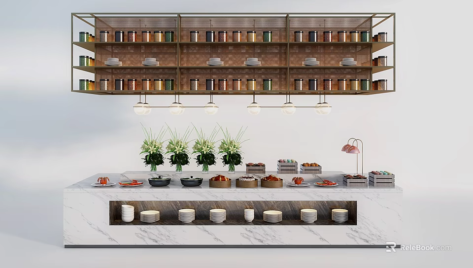Modern Display Shelves Featuring Marble Countertop Green Plants Pastries And Table Lamp 3d model 