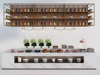 Modern Display Shelves Featuring Marble Countertop Green Plants Pastries And Table Lamp 3d model