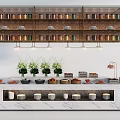 Modern Display Shelves Featuring Marble Countertop Green Plants Pastries And Table Lamp