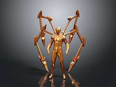 Golden Humanoid Sculpture With Multiple Mechanical Arms And Decorative Weapons 3d model