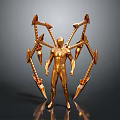 Golden Humanoid Sculpture With Multiple Mechanical Arms And Decorative Weapons