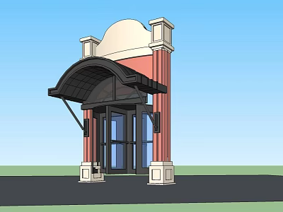 Architectural Entrance Gate With Red Pillars Black Awning And Glass Doors 3d model