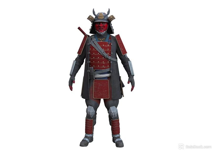 Man in Traditional Red and Black Samurai Armor with Helmet Shoulder Guards and Details 3d model 