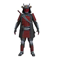 Man in Traditional Red and Black Samurai Armor with Helmet Shoulder Guards and Details