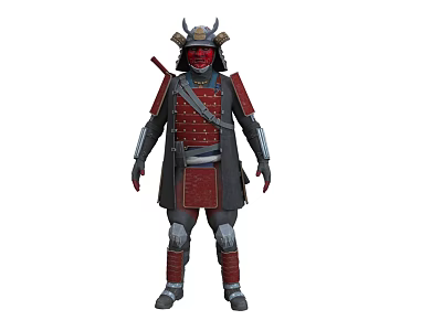 Man in Traditional Red and Black Samurai Armor with Helmet Shoulder Guards and Details 3d model