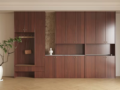 Wooden Entryway Cabinet And Side Cabinet With Storage Hooks Bench And Plant 3d model