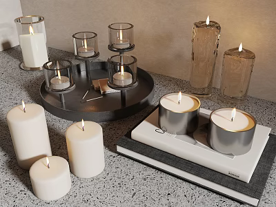 Stylish Glass And Metal Candle Holders With Lit Candles On Tray And Books 3d model