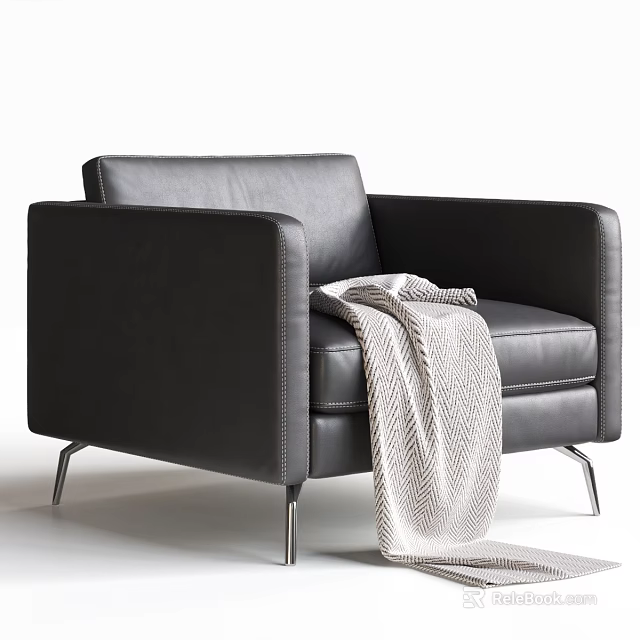Black Leather Single Sofa with Square Arms Metal Legs and Textured Throw Blanket 3d model 