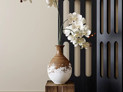 Elegant Brown And White Ceramic Vase With White Orchids On Wooden Base For Home Decor 3d model