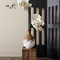Elegant Brown And White Ceramic Vase With White Orchids On Wooden Base For Home Decor