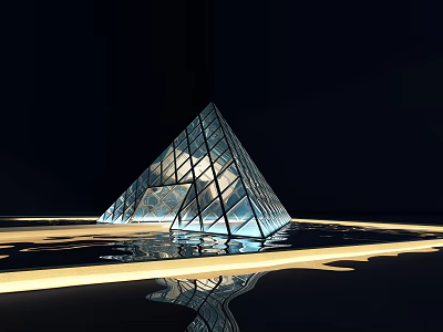 Modern Glass Pyramid Tower With Nighttime Water Reflection And Illuminated Base 3d model