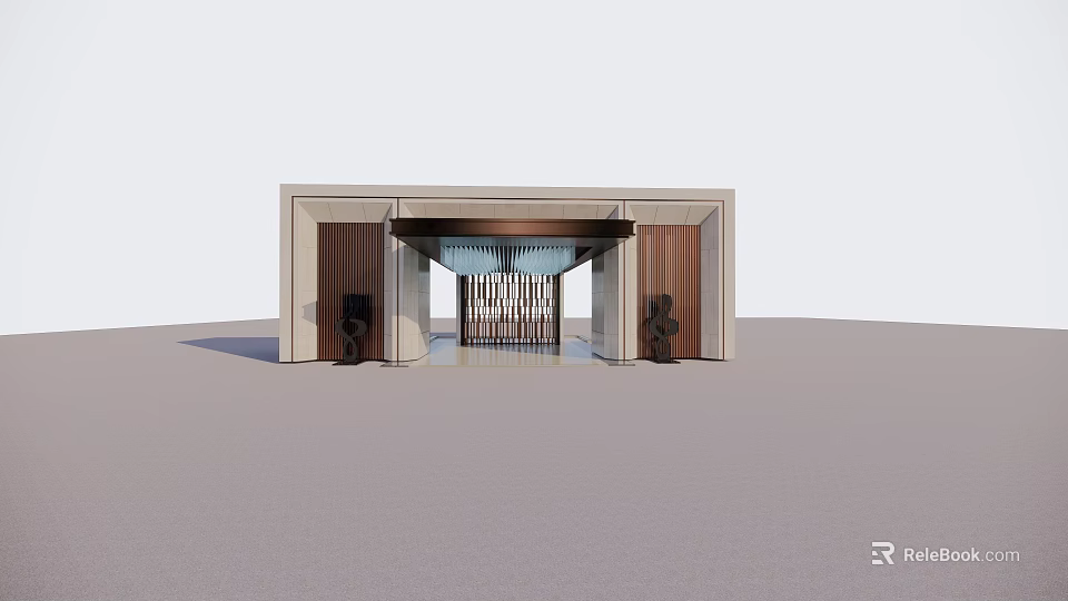 Modern Entrance Gate Design With Wooden Frame Decorative Grille And Sculptures 3d model 