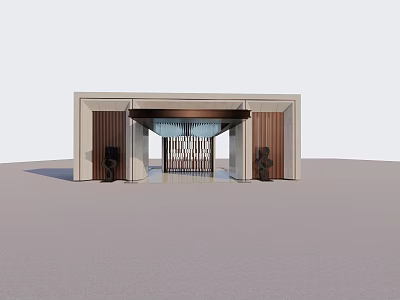 Modern Entrance Gate Design With Wooden Frame Decorative Grille And Sculptures 3d model