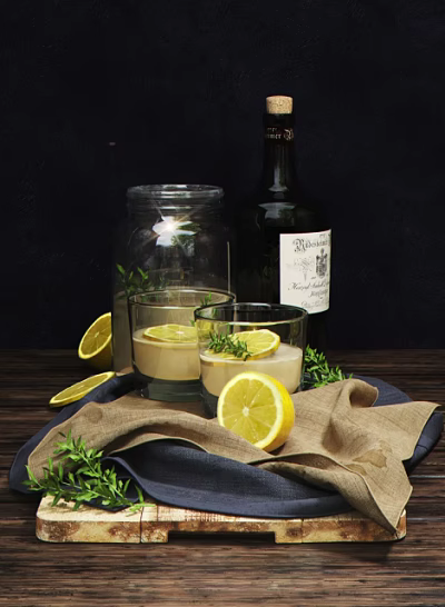 Wine Bottle and Glasses with Lemon Slices and Fresh Rosemary on Wooden Table Dark Background 3d model