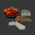 Fresh Assorted Food With Fruit Basket Bread Raw Beef Steak And Cheese Slices