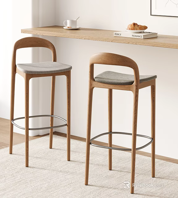 Stylish Bar Stools With Wooden Frame And Gray Cushions In Modern Interior 3d model 