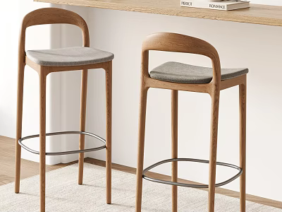Stylish Bar Stools With Wooden Frame And Gray Cushions In Modern Interior 3d model