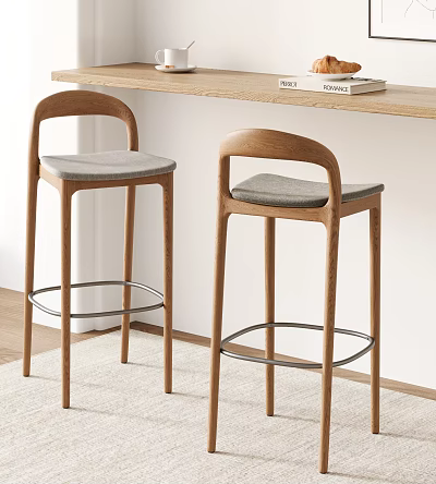 Stylish Bar Stools With Wooden Frame And Gray Cushions In Modern Interior 3d model