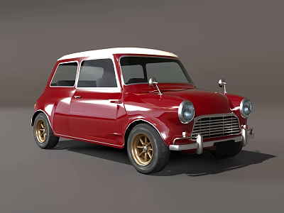Stylish Red Vintage Mini Car With White Roof And Gold Wheels 3d model
