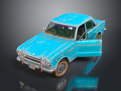Vintage Blue Car Model With Open Doors And Retro Design Features 3d model