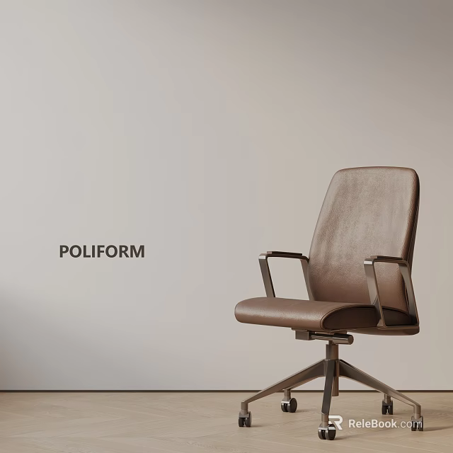 POLIFORM Brown Leather Office Chair With Metal Armrests And Five Star Base 3d model 