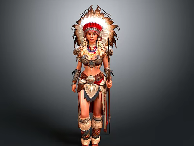 Woman In Traditional Outfit With Feather Headdress And Decorative Accessories 3d model