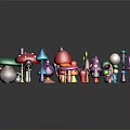 Cartoon Style Colorful Mushrooms With Different Shapes Colors On Black Background And Reflections
