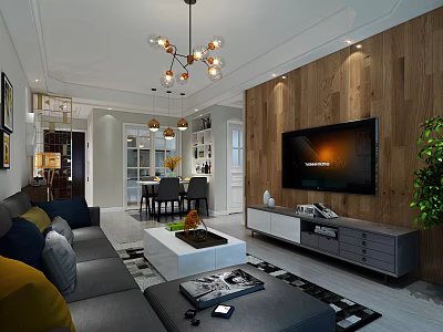 Modern Living Room Interior With Grey Sofa Wooden Accent Wall And Large TV 3d model