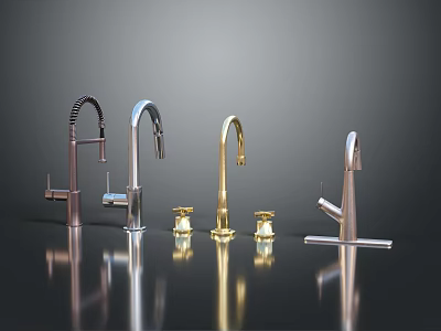 Modern Kitchen Furniture With Various Style Faucets In Gold Silver And Chrome 3d model