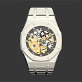 Luxury Silver Wristwatch With Golden Mechanical Movement And Stainless Steel Band
