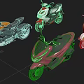Various Style Motorcycles Including Gold Retro Scooter Red Sports Bike And White Classic Model