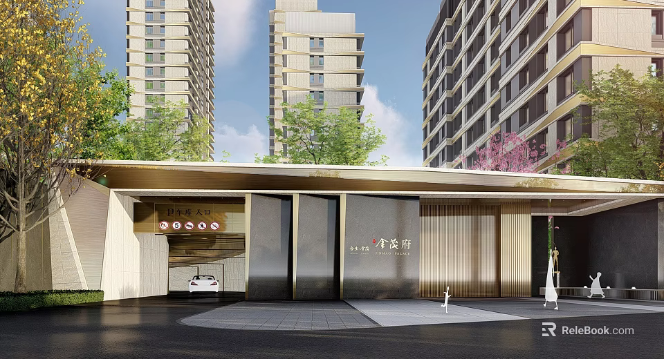 Garden Landscape Design for Modern High Rise Residential Entrance With Trees and Flowering Plants 3d model 
