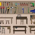 Organized Workshop Tools on Pegboard with Multiple Wooden Workbenches and Stools