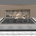 Decorative Feature Wall With Patterned Surface And Crane Sculptures On Tiled Floor 3d model