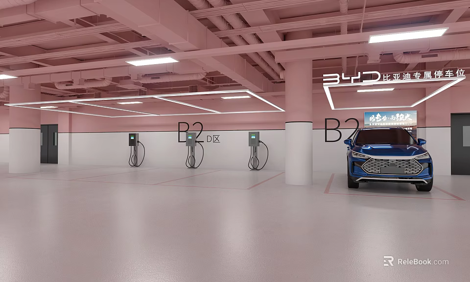 Modern B2 Level Parking Garage Interior With Electric Vehicle Charging Stations And Parked Car 3d model 