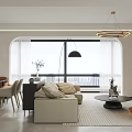 Modern Living Dining Room With Beige Sofa Coffee Table Round Chandelier And Decorative Rug
