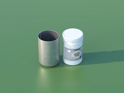 Display Shelf Unit with Metal Cylinder and White Medicine Bottle on Green Background with Shadow 3d model