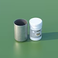 Display Shelf Unit with Metal Cylinder and White Medicine Bottle on Green Background with Shadow