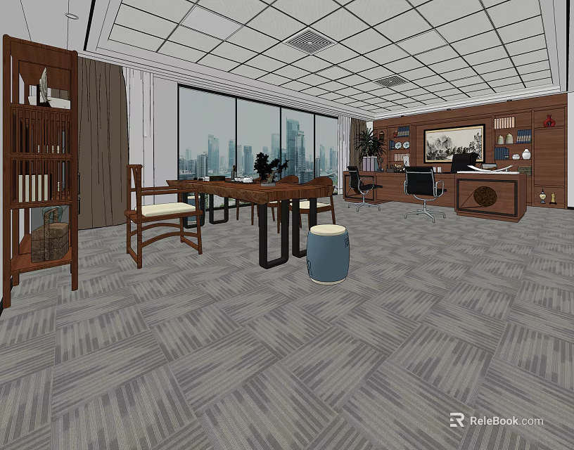 Modern Office Interior With Large Windows Desks Chairs Bookshelves And Patterned Carpet 3d model 
